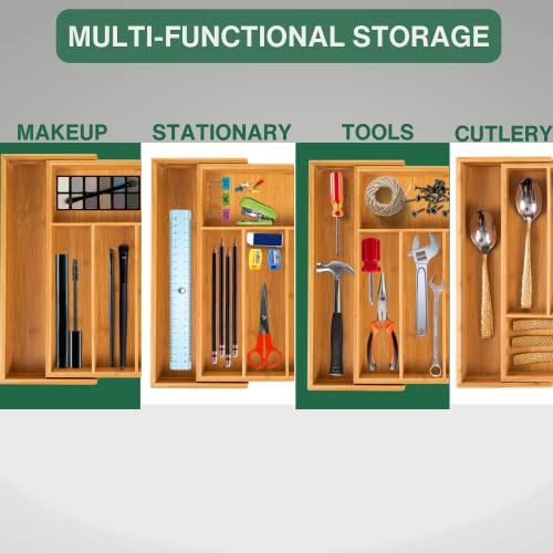 Klass Home Large Cutlery Drawer Organiser - 5-7 Compartment Bamboo Kitchen Tray, Expandable Utensil Rack 43cm x 35cm - Image 4