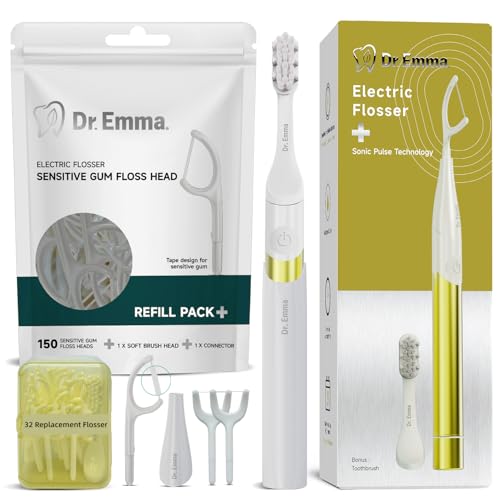 Dr. Emma Electric Vibration Flosser with 150 Ct Replaceable Tape Dental Floss Picks for Sensitive Teeth Cleaning, Gum Stimulator