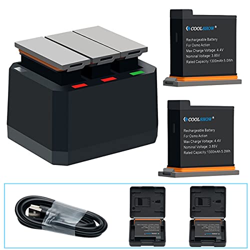 COOLSHOW OSMO Action Akku 2 Stück 1300mAh mit 3-Kanal USB Osmo Action Ladegerät für DJI Osomo Action Camera AB1 Cover