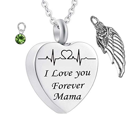 ANAZOZ Collier Urne Funéraire Souvenir Pendentif en Forme de Cœur ECG Graver I Love You Forever Mama Acier Inoxydable Fantaisie
