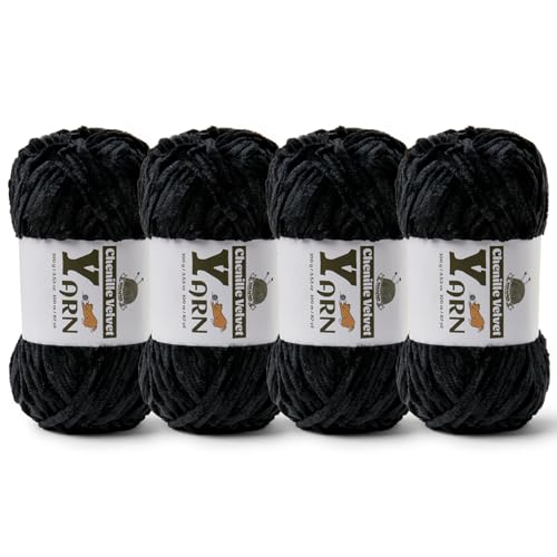 Image of 4 Pack Plush Chenille Chunky Yarn - Fluffy Velvet Yarn Crochet for Blanket Knitting and Crocheting - Soft Baby Yarns for Crocheting - Amigurumi Crochet Yarns 100g (87yds) (4 Black)