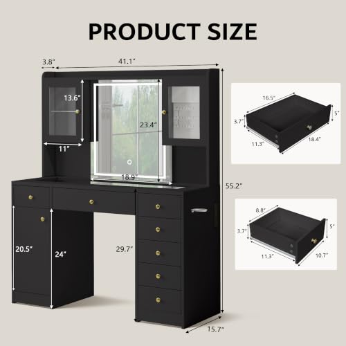 Image of iPormis Vanity Desk with Mirror and Lights, Glass Top Makeup Vanity with RGB Light and Power Outlet, Dressing Table Mirror with 3 Lighting Colors, 7 Drawers, 3 Cabinets, Black Vanity for Bedroom
