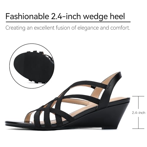 Women's Wide Width Wedge Sandals Wedding Party Dress Sandals Elastic Strap Open Toe Low Heel Comfortable Casual Summer Shoes Black Wide Size 8.52