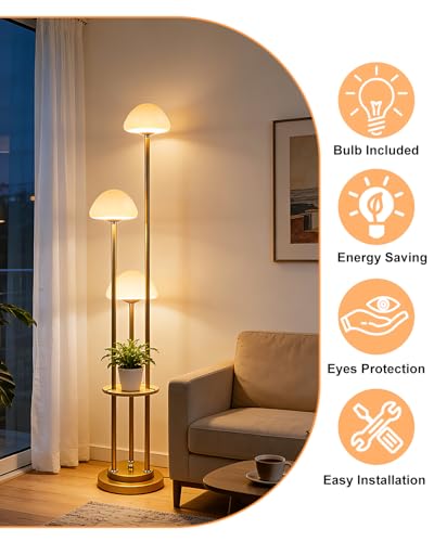Image of Lightdot Gold Dimmable Floor Lamp with Table, Modern Floor Lamps with Mushroom Shades & Bulbs, 3000K Warm Lights Tall Standing Lamp for Living Room /Bedroom /Office /Sofa Beside /Corner Decor