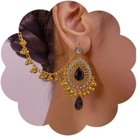 ChargancesVintage Idian Black Crystal Bollywood Tribal Earrings Boho Bells Beaded Designer Jewelry Chandelier Earrings Gold Ethnic Jhumka Jhumki Earrings for Women(Style 1)