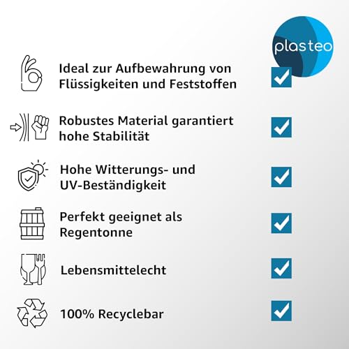 Das Plasteo® 220 Liter Weithalsfass mit Deckel und Spannring, HDPE, BPA-Frei, lebensmittelecht, vielseitig verwendbar als Lebensmittelfass, Futtertonne, Regentonne (Grün mit Spannring)