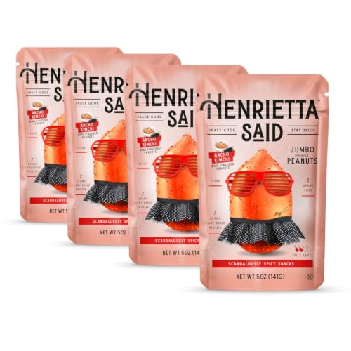 Henrietta Said Wing-Flavored Peanuts - Truly Good Foods Snacking Nuts - Bold Flavors - Savory & Spicy - Jumbo Flavored Peanuts - Protein Packed Vegan Snack - 4 (5-oz) Packs - Ancho Kimchi