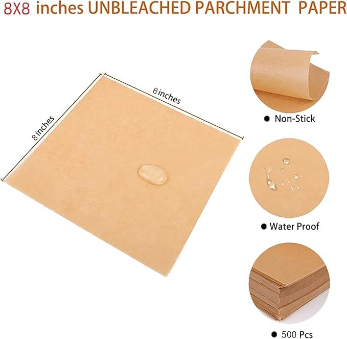 Image of 300 Pack 8x8 Pre-Cut Parchment Paper Sheets - Non-Stick, Food-Grade Baking Paper for Square Cake Pans - Heat & Grease Resistant