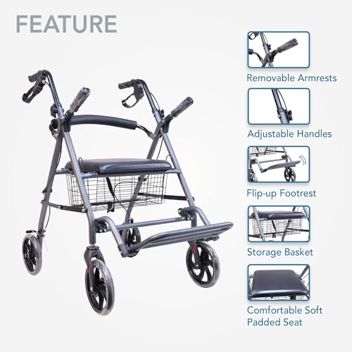 Image of EverActiv Aluminium Rollator Walker for Adults & Seniors with Seat | Easy Foldable Mechanism | Lightweight & Sturdy | Ideal for Elderly & Recovery Use
