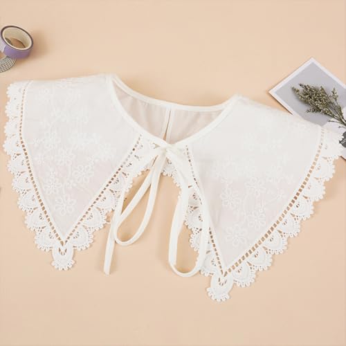 CABODYALS Col en Dentelle Blanche Amovible en Coton Imitation Florale Brodée Style Vintage Ajouré avec Bordure en Dentelle Appliquée pour Femme Robe Costume de Fête Accessoire de Vêtements – vue 7