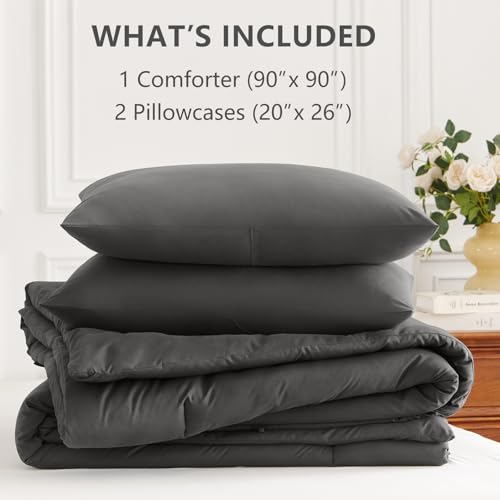 Image of HIMEET Queen Comforter Set, 3 Pieces 90 inchx90 inch with 2 Pillowcases, Dark Grey | 270GSM Down Alternative Fill, Oeko-TEX Certified, 8 Corner Ties Quilted, All Season, Fluffy Bed Set, Bedroom Decor Bedding