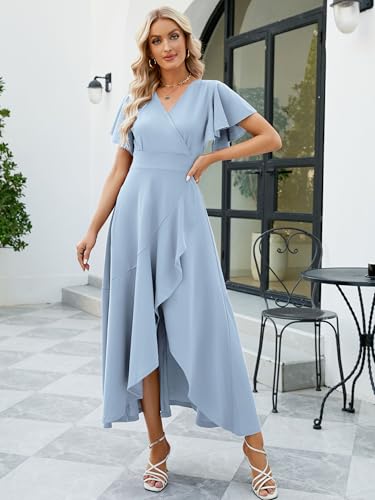 Image of Long Black Formal Dresses for Women Gowns Evening Party Cocktail Dress,Split Elegant V Neck Wrap Ruffle Wedding Guest Dresses