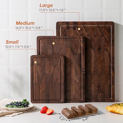 Image of Walnut Wood Cutting Board Set, End Grain Cutting Board for Kitchen | Walnut Wooden Charcuterie Boards, FSC Certified, Non Toxic, Non-Slip Feet, 3 Practical Sizes, Meal Prep & Serving, Gift Box