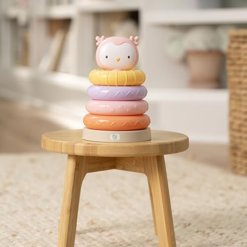 Image of Ingenuity ity Cutie Stacks, 4 BPA-Free Rings, Faux Wood Stand, Owl Topper, Unisex, for Ages 6 Months and Up - Nally (Pack of 2)