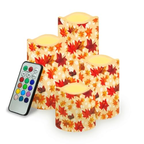 Image of Fall Flameless Candles Set of 4 | Flameless Candles with Remote Control, Flickering LED Candles with Timer for Thanksgiving Day Decorations, host gift