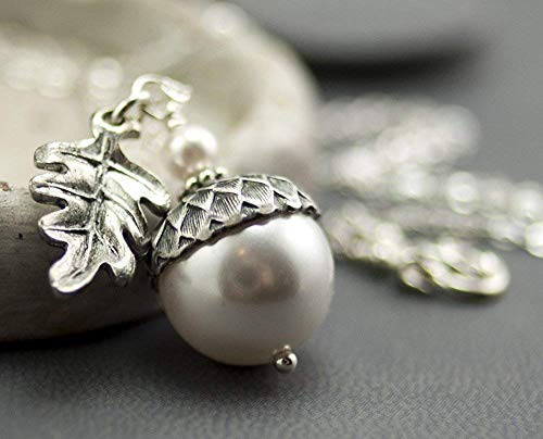 Dashe Designs 18 Inches Long Necklace For Women, Acorn Necklace With Oak Leaf And White Simulated Pearls, Crystal Pearl #TOP2