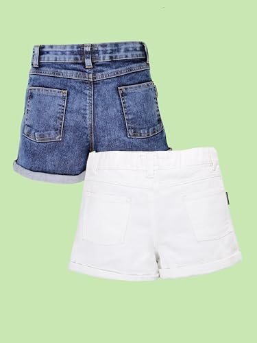 Image of KiddoPanti Girls Tight Length Rollup Denim Shorts with Lavender and Pink 3D Crochet Flowers