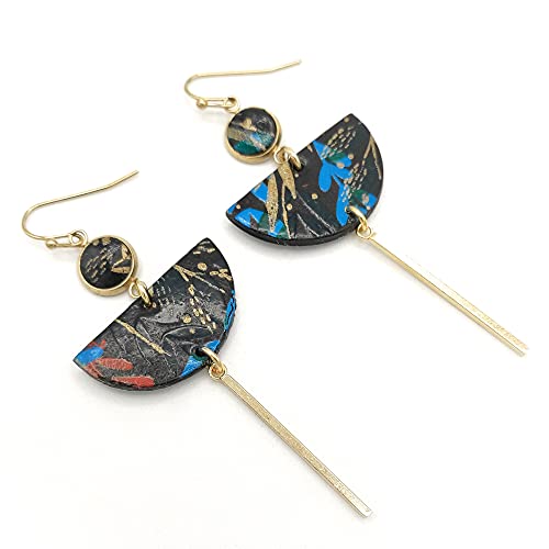 Boucles d'oreilles dorées longues motif floral rouge bleu acier inoxydable
