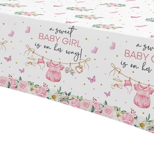 Image of Srua Don Pink Baby Girl Baby Shower Decorations Tablecloth for Girl, Floral A Sweet Girl is On Her Way Party Supplies Table Cover, Baby Girl Party Table Cloth, 3 Pack, 55in x 86in