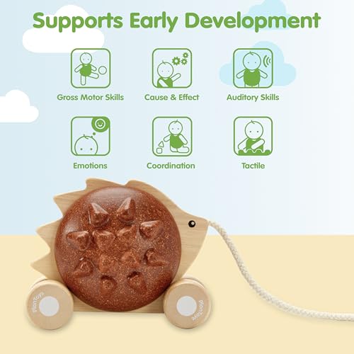 Image of PlanToys Wooden Pull Along Hedgehog | Montessori Pull Toy for Toddlers | Walking Toy with Sound, Early Learning, Balance & Coordination | Eco Friendly Wooden Toy