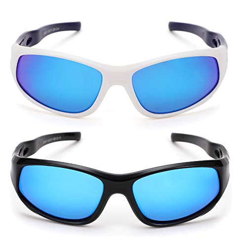 Kids Sports Polarized Sunglasses COASION 2 Pack Mirrored Glasses Shades for Boys Girls Age 4-12 (White-Blue Blue Mirror+Black Blue Mirror)