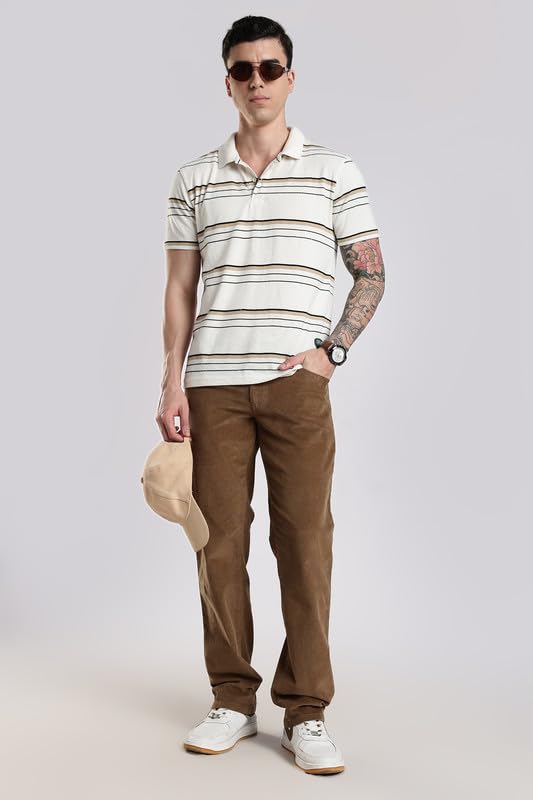 Image of NEVER NEUD Men's Corduroy Trousers, Stylish Mid Rise Straight Fit Pants for Men, 98% Cotton 2% Elastane, Button Closure, 4 Pockets (Khakhi, 32)