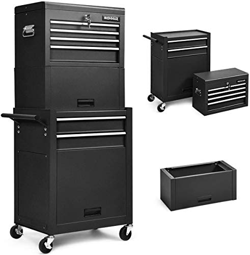 Goplus 6-Drawer Rolling Tool Chest w/Riser, 3 in 1 Rolling Tool Box w/Keyed Locking System, Detachable Top Box, Side Handle, Toolbox Organizer for Workshop Garage