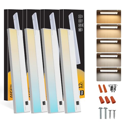 Ansen 4Packs of Under Cabinet Lighting Hardwired, 12IN 10W 666LM, Dimmable Led Light for Kitchen/Bar/Closet, CRI92, R990, 5 Color Temperature, 2700K-5000K(Warm White, Cool White, Daylight)