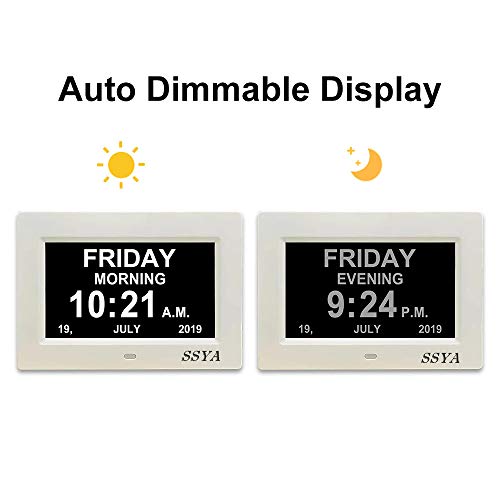 Ssya Digital Calendar Alarm Day Clock - 12 Alarm Options, Level 5 Auto Dimmable, Dementia Clocks For Vision Impaired, Elderly, Memory Loss Clock With Non-Abbreviated Clock With Date And Day (7 Inch) #TOP2
