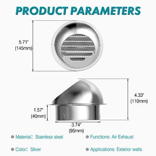 4 Inch Wall Vent Cover, HG Power Dryer Vent Cover Outside with Screen Mesh, Stainless Steel Exhaust Vent, Round Air Vent Covers for Outdoor Ventilation System 95mm, Silver by HG Power - Image 2