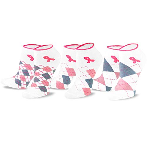 TeeHee Breast Cancer Awareness No Show Socks for Women 3-Pairs Pack (Argyle)
