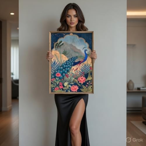 Image of Livin'luxe Peacock Nature Landscape Wall Painting with Wooden Frame | Elegant Bird Art HD UV Laminated MDF Wall Decor | Botanical Peacock Artwork for Living Room Bedroom Office Home Decor