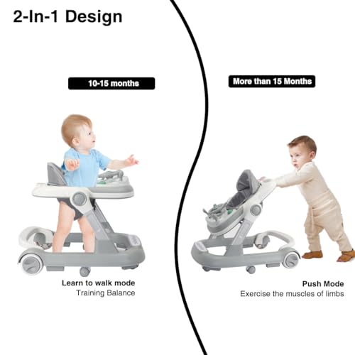 UBRAVOO 2 in 1 Baby Walker, Toddler Baby Push Walker with Removable Feeding Tray and Music Tray(Without Battery), Foldable Activity Walker for 6-18 Months Boys and Girls-Grey - Image 3