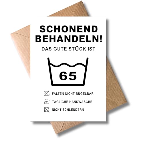 WBdesignz Lustige Geburtstagskarte mit Umschlag - Schonend Behandeln! 65. Geburtstag Geschenkkarte Happy Birthday - 65ter Geburtstag Witzige Wäsche Karte (DIN A6)
