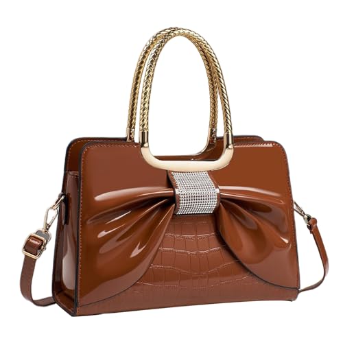 Bolsa feminina de couro envernizado com alça ajustável moderna e brilhante, Marrom, Medium