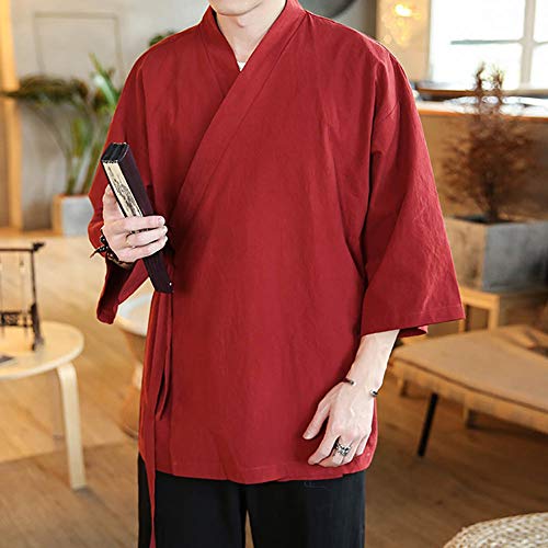Image of Men's Chinese Style Linen Cardigan Jacket loose kimono Jacket Solid Color Self-tie Hanfu Traditional Clothing