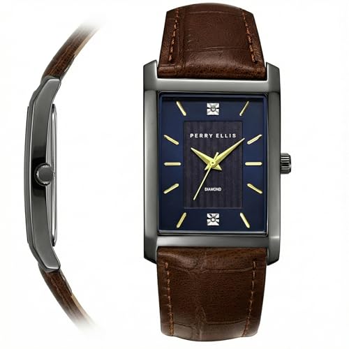 Perry Ellis Reloj ultra delgado para hombre, rectangular, color plomizo, esfera texturizada azul oscuro con detalles de diamante, índices facetados dorados, correa de cuero marrón ajustable, accesorio Perry Ellis Reloj ultra delgado para hombre, rectangular, color plomizo, esfera texturizada azul oscuro con detalles de diamante, índices facetados dorados, correa de cuero marrón ajustable, accesorio