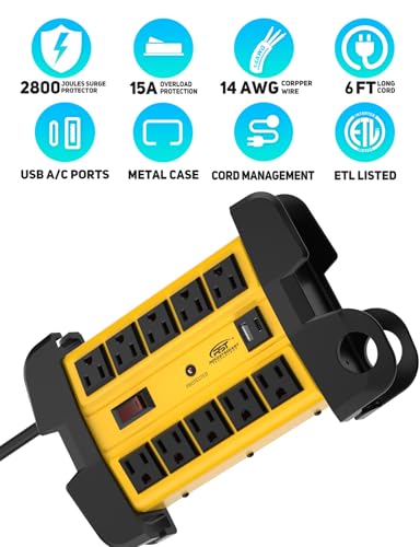 Image of CRST Heavy Duty Power Strip with USB-C,10-Outlet Metal Surge Protector Power Strip with 6FT Cord(2800J),15A Circuit Breaker, Wall Mount, Cord Management, ETL Listed (6FT 2USB 2800J)