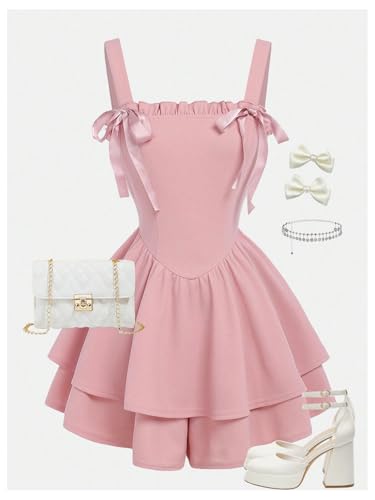SHENHE Girl's Ruffle Hem Layered Sleeveless Dress Bow Cute Flare Short Dresses4