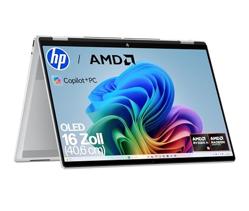 HP OmniBook X Flip 2in1 Next Gen AI Laptop | AMD Ryzen AI 5 340 (6C) | dedizierte NPU für KI | 50 NPU Tops | Copilot+ PC | 16 WUXGA 1920x1200 Touchscreen | 16GB | 512GB SSD | Win11 | QWERTZ | Silber