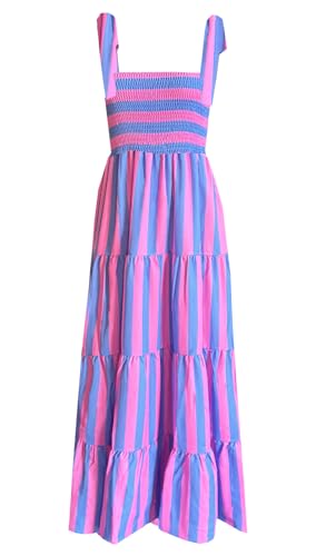 kinstell Damen Sommer Boho Spaghettiträger Quadratischer Ausschnitt Rüschen Casual Flowy Langes Kleid Strand Swing Party Maxikleid, H-pink...