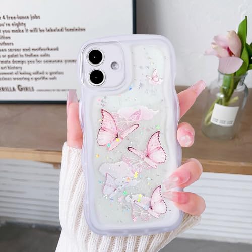 YANJIEER Glitzer Hülle für Samsung Galaxy A06 transparente mit Niedliche Schmetterling Sternen Lockige Wellen Rahmenform Stoßfest Schutzhülle für Damen/Mädchen Weiß