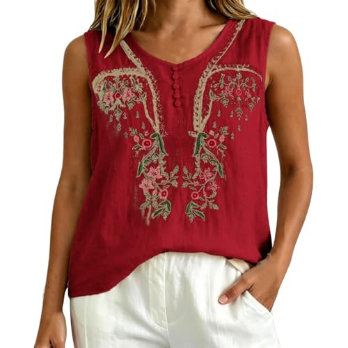 Iufabrpcs Linen Tops for Women Lightweight Gauze Shirts Red M — view 5