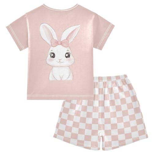 Checkerboard Plaid Bow Adorned Bunny Pajama Set Short Sleeve PJS 2 Piece Summer Pajamas Shorts Sets Cotton 5Y2