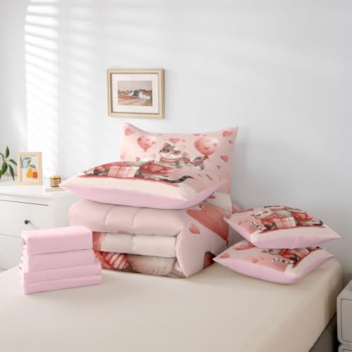 Image of Lovely Cats Comforter Set Full 7 Pcs Cute Cartoon Kitty Pink Heart Balloon Bedding Sets Valentine's Day Romantic Love All Season Comforter Flat Sheet Fitted Sheet 2 Pillowcases 2 Throw Pillow Covers