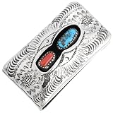 Navajo Turquoise Coral Hammered Sterling Money Clip Assorted Traditional Patterns on German Silver Clamp 0240
