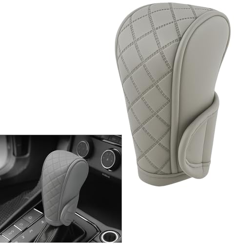 Image of DETACHI Car Gear Knob Cover Premium PU Leather Grey Non Slip Waterproof Gear Shift Protector Universal Fit for Cars SUVs Trucks Durable Diamond Design Handbrake Cover Stylish Car Interior Accessory