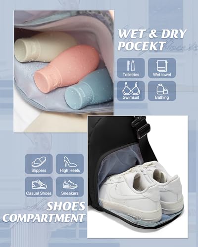 Image of Gym Bag for Women with Shoe Compartment Lightweight Travel Duffle Bags Carry on Bag Overnight Weekender Duffel Bag with Wet Pocket Personal Item Travel Bag Tote Bag Workout Dance Bag Black