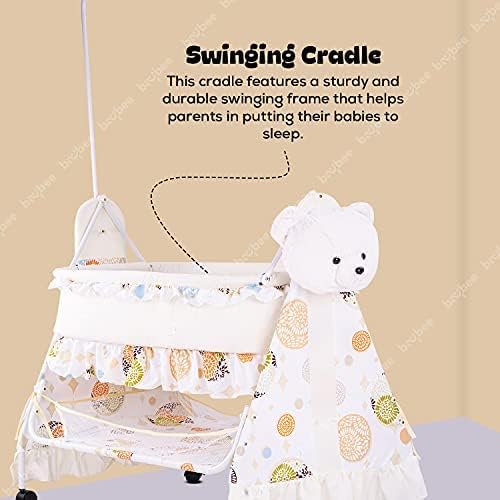 Image of BAYBEE CozyNest Baby Cradle and Swing Jhula for Newborn Babies with Removable Mosquito Net, Washable Fabric, Lockable Wheels & Safe Sleeping Bed Crib for Infants Up to 2 Years (Beige)