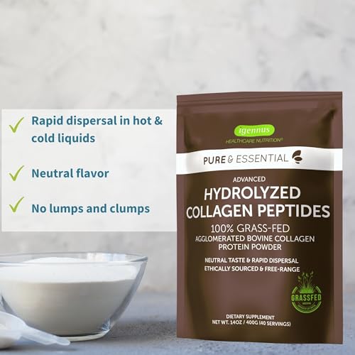 100% Grass Fed Bovine Collagen Protein Powder, Advanced Hydrolyzed Collagen Peptides, Collagen Types 1, 2 & 3, Non-GMO, Free Range, Gluten & Dairy Free, Easy Mix, 40 Servings, Pure & Essential